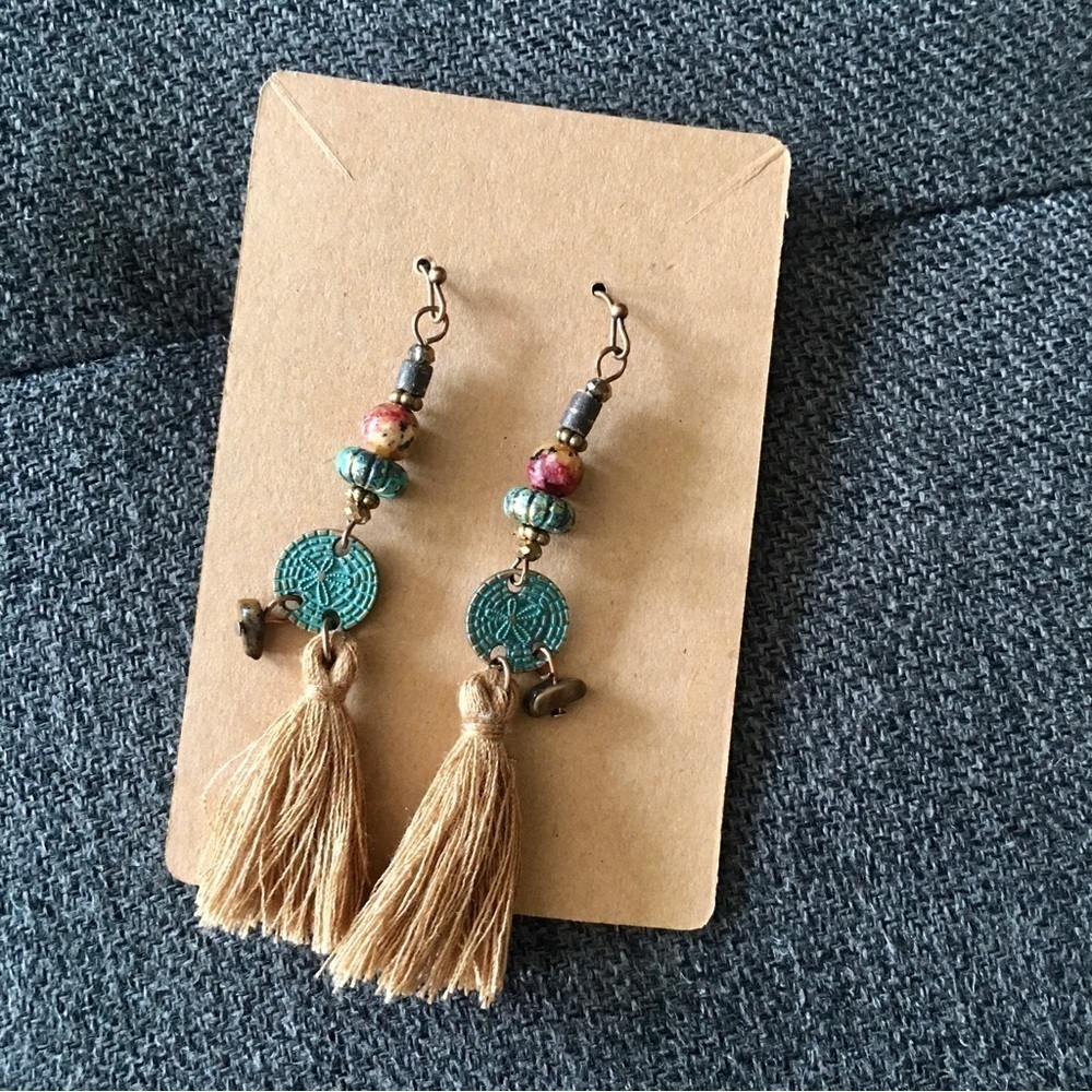 Bohemian Dangle Fringe Earrings, Turquoise, Tan, Festival